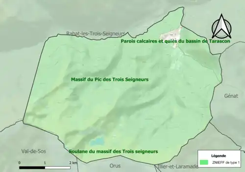 Carte des ZNIEFF de type 1 sur la commune.
