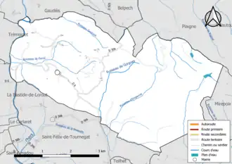 Carte en couleur présentant le réseau hydrographique de la commune