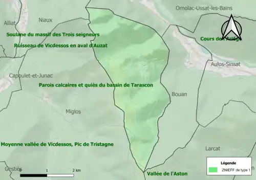 Carte des ZNIEFF de type 1 sur la commune.