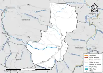 Carte en couleur présentant le réseau hydrographique de la commune