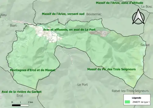 Carte des ZNIEFF de type 1 sur la commune.