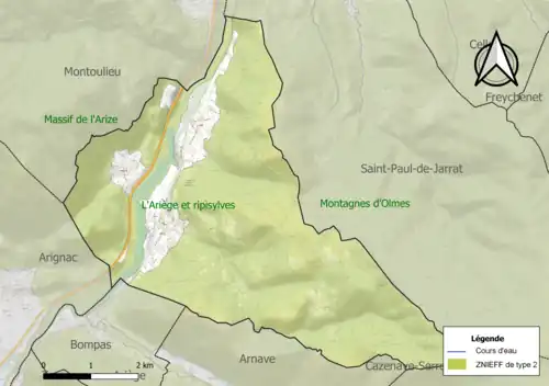 Carte des ZNIEFF de type 2 sur la commune.