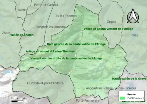 Carte des ZNIEFF de type 1 sur la commune.