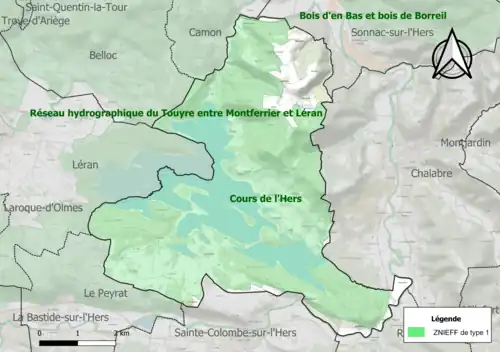 Carte des ZNIEFF de type 1 sur la commune.