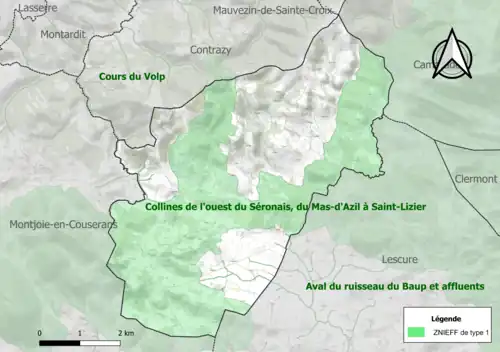 Carte des ZNIEFF de type 1 sur la commune.