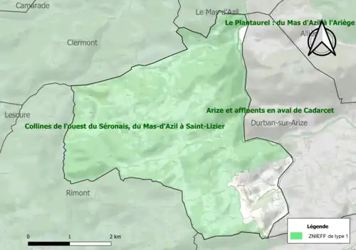 Carte des ZNIEFF de type 1 sur la commune.