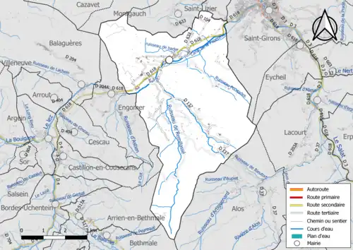 Carte en couleur présentant le réseau hydrographique de la commune