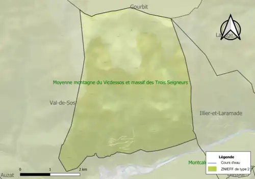 Carte de la ZNIEFF de type 2 sur la commune.