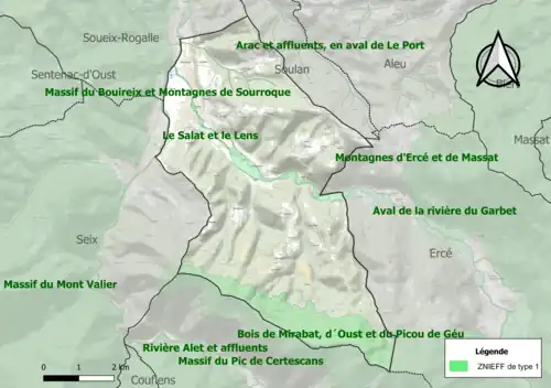 Carte des ZNIEFF de type 1 sur la commune.