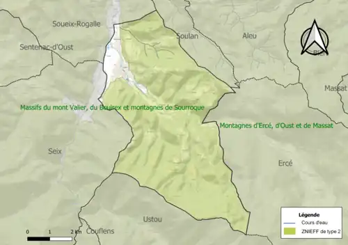 Carte de la ZNIEFF de type 2 sur la commune.