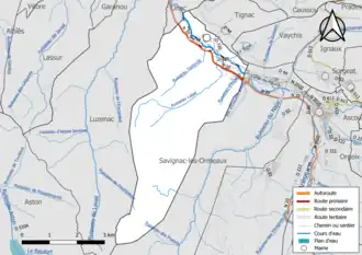 Carte en couleur présentant le réseau hydrographique de la commune