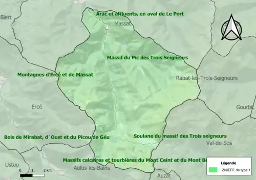Carte des ZNIEFF de type 1 sur la commune.