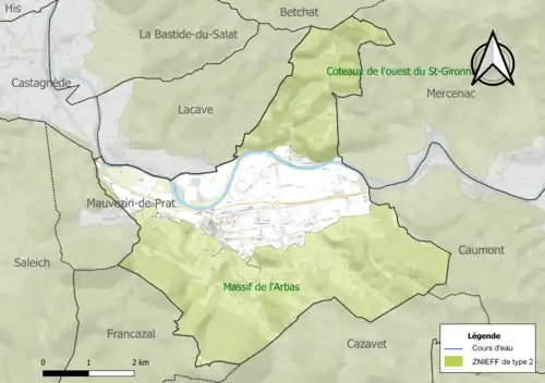 Carte des ZNIEFF de type 2 sur la commune.