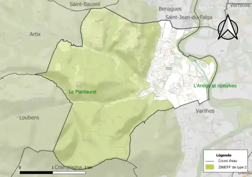 Carte des ZNIEFF de type 2 sur la commune.