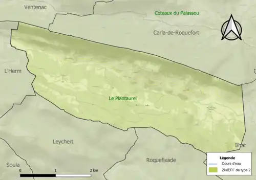 Carte de la ZNIEFF de type 2 sur la commune.