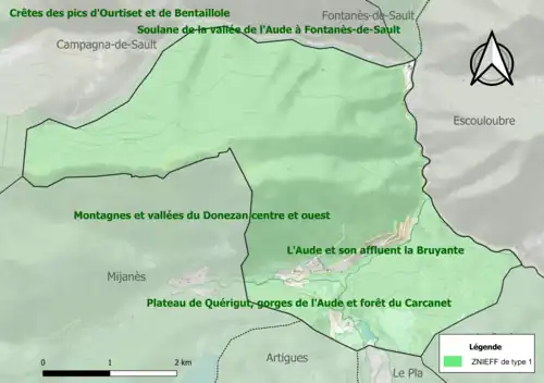 Carte des ZNIEFF de type 1 sur la commune.