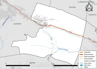 Carte en couleur présentant le réseau hydrographique de la commune