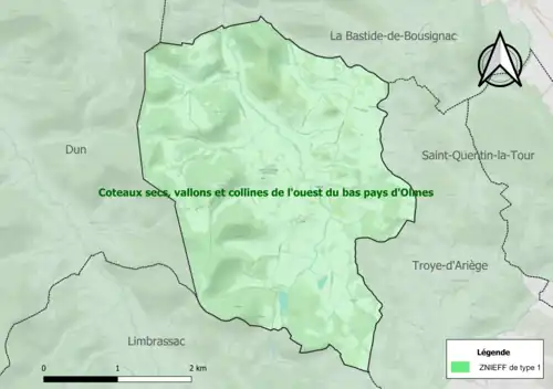 Carte de la ZNIEFF de type 1 sur la commune.