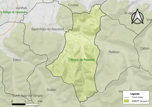 Carte de la ZNIEFF de type 2 sur la commune.