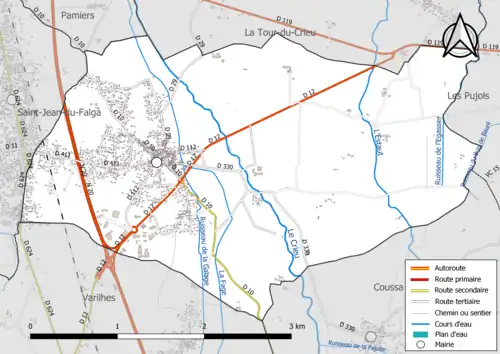 Carte en couleur présentant le réseau hydrographique de la commune