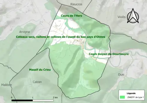 Carte des ZNIEFF de type 1 sur la commune.