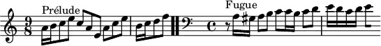
\version "2.18.2"
\header {
  tagline = ##f
}

\score {
  \new Staff \with {
%fontSize = #-2
  }
<<
  \relative c'' {
    \key a \minor
    \time 9/8

     %% INCIPIT CBT I-20, BWV 865, la mineur
     s4*0^\markup{Prélude} a16 b c8 e c a e a c e \once \override Staff.TimeSignature #'stencil = ##f \time 3/8 b16 c d8 f \bar ".."

     \skip 8*1
     \override Staff.Clef.extra-offset = #'( -1 . 0 )
     \time 4/4 
     \clef bass 
     \partial 1
     r8^\markup{Fugue} a,,16 gis a8 b c c16 b c8 d e16 d c d 
{ 
 % suppression des warnings :
 #(ly:set-option 'warning-as-error #f)
 #(ly:expect-warning (_ "stem does not fit in beam")) %% <= à traduire éventuellement
 #(ly:expect-warning (_ "beam was started here")) %% <= à traduire éventuellement
  \set stemRightBeamCount = #1
  e4*1/2[ s]
}

  }
>>
  \layout {
     \context { \Score \remove "Metronome_mark_engraver" 
     \override SpacingSpanner.common-shortest-duration = #(ly:make-moment 1/2) 
}
  }
  \midi {}
}
