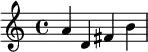 { \relative c' { a' d, fis b } }