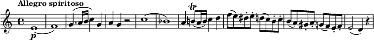 \relative c'' {
\version "2.18.2"
\key c \major
\time 4/4
\tempo "Allegro spiritoso"
e,1\p ( f )
g4. (a16 b c4) g
a g r2
c1 (bes)
a4 b!8\trill (a16 b) c4 d
f8 (e) dis-. e-. d (c) b-. c-.
b (a) gis-. a-. g (f) e-. f-.
e2 (d4) r4
}
