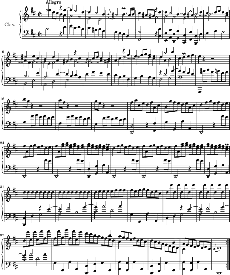 \version "2.18.2"
\header {
tagline = ##f
% composer = "Domenico Scarlatti"
% opus = "K. 497"
% meter = "Allegro"
}
%% les petites notes
trillBp = { \tag #'print { b4.\prall } \tag #'midi { \times 2/3 { cis16 b cis } b4 } }
trillD = { \tag #'print { d4\prall } \tag #'midi { \times 2/3 { e16 d e } d8 } }
trillCisE = { \tag #'print { < cis e >4\prall } \tag #'midi { << { \times 2/3 { fis16 e fis } e8 } \\ { cis4 } >> } }
appoCisdb = { \tag #'print { \appoggiatura cis8 d1 } \tag #'midi { cis4 d2. } }
upper = \relative c'' {
\clef treble
\key b \minor
\time 2/2
\tempo 2 = 86
\repeat volta 2 {
s8*0^\markup{Allegro}
<< { fis2 r4 fis4~ | fis e2 d4~ | d cis2 b4 }
\\ { fis'4 d8 cis b4 a | g2 fis | e d } >> | \appoggiatura b'8 ais2 \trillBp ais16 b |
% ms. 5
cis4 ais8 gis
<< { r4 d'4~ | d cis2 b4~ | b \shiftOn ais b2_~ \shiftOn \stemDown b2. a4_~ | a fis g2_~ | g4 e }
\\ { \stemUp s4*7 e'2 d4 | cis d8 e d4 cis | dis2 e4 cis | b }
\\ { \stemDown fis2 | g fis | e fis } >>
% ms. 10 suite
<< { d'4 a } \\ { fis2 } >> gis4 b
<< { r4 cis4 | b cis8 d cis4 b } \\ { a2~ | a~ a4 gis } >> | a4 cis
<< { r4 fis4 | e fis8 g fis4 e } \\ { d2~ | d d4 cis } >>
% ms. 15
<< { d4 a'2 b4 } \\ { d,4 a b2 } >> cis4 \trillD e4 fis | e r4 r2 | b'8 g r4 r2 |
% ms. 19
a8 fis r4 r2 | g8 e r4 r2 | fis8 a cis, e d fis a, cis | b g' fis e d e a, cis |
% ms. 23
\repeat unfold 2 { d4 fis8 g e fis d e | fis a, fis' g e fis d e | fis a, < fis' a > < g b > < e g > < fis a > < d fis > < e g > | < fis a > < e g > < d fis > < e g > < d fis >4 \trillCisE }
% ms. 31
\repeat unfold 17 { d8 } e8 e e e fis fis fis | fis e fis g fis d e cis |
% ms. 35
\repeat unfold 8 {d d' } d, \repeat unfold 2 { e' e, } \repeat unfold 2 { fis' fis, } fis' g, g' fis, fis' e, e' |
% ms. 39
d8 cis b a
<< { s4 b4 | a8 g fis e } \\ { g fis e d | cis4 } >> | fis8 d e cis | d cis b a
<< { s4 b4 | a8 g fis e } \\ { g fis e d | cis4 } >> | fis8 d e cis | \appoCisdb }%repet
}
lower = \relative c' {
\clef bass
\key b \minor
\time 2/2
\repeat volta 2 {
% ************************************** \appoggiatura a16 \repeat unfold 2 { } \times 2/3 { } \omit TupletNumber
b2 r4 d4 | e cis d b | cis ais b g | fis e d b |
% ms. 5
< fis fis' >2 r4 < b b' >4 < e, e' > < a a' > < d, d' > < g g' > | < cis, cis' > < fis fis' > < b, b' > d' | e g fis2 |
<< { b2. e4 } \\ { b,2 e } >>
% ms. 10
<< { a2. d4~ | d b cis a } \\ { a,2 d | e2 } >> d'4 fis e d | cis a b fis | g b a g |
% ms. 15
<< { r4 d'2 g4~ | g fis e d } \\ { fis,2 g | a1 } >> | a,,4 gis'''8 a fis g e fis | g,4 fis'8 g e fis d e |
% ms. 19
fis,4 e'8 fis d e cis d | e,4 d'8 e cis d b cis | < d,, d' >2 r4 < fis fis' > | g'4 g, a' a, |
% ms. 23
\repeat unfold 2 { \repeat unfold 3 { d,2 r4 fis''8 e } | < d,, d' >4 < g g' > a' a, } |
% ms. 31
< d, d' >4 fis'4 << { r4 e'4~ | e fis2 g4~ | g a2 a4 } \\ { g,2 | a b | cis d } >> | g,4 g, a' a,
% ms. 35
d4 fis << { r4 e'4~ | e fis2 g4~ | g a2 a4 } \\ { g,2 | a b | cis d } >> | g,4 g, a' a,
% ms. 39
\repeat unfold 2 { < d, d' >4 < fis fis' > g' g, | < a a' > < g g' > a' a, } | d,1 }%repet
}
thePianoStaff = \new PianoStaff <<
\set PianoStaff.instrumentName = #"Clav."
\new Staff = "upper" \upper
\new Staff = "lower" \lower
>>
\score {
\keepWithTag #'print \thePianoStaff
\layout {
#(layout-set-staff-size 17)
\context {
\Score
\override TupletBracket.bracket-visibility = ##f
\override SpacingSpanner.common-shortest-duration = #(ly:make-moment 1/2)
\remove "Metronome_mark_engraver"
}
}
}
\score {
\unfoldRepeats
\keepWithTag #'midi \thePianoStaff
\midi { \set Staff.midiInstrument = #"harpsichord" }
}