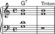 \new PianoStaff <<
\new ChordNames {\chordmode {g:7 }}
\new Staff { \clef "treble" <b' f'>1 <b' f'>1^Triton}
\new Staff { \clef "bass" { <g d'>1 } r1}
>>