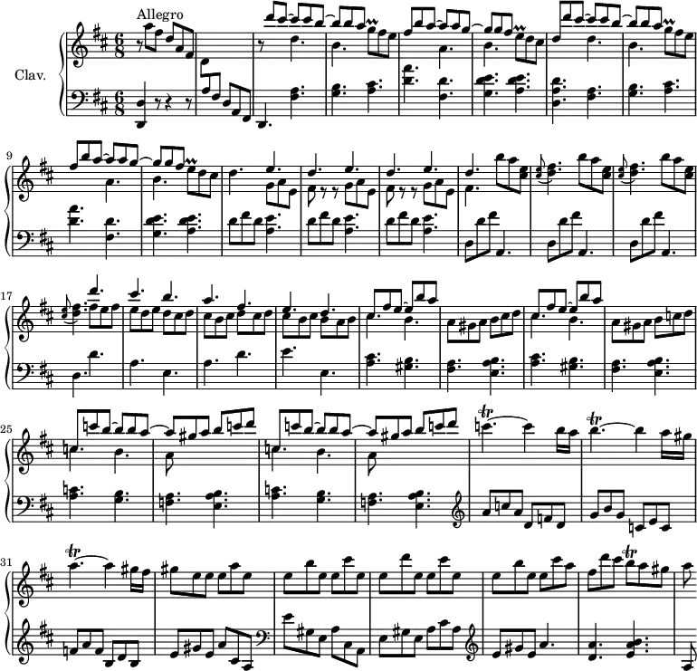 
\version "2.18.2"
\header {
  tagline = ##f
  % composer = "Domenico Scarlatti"
  % opus = "K. 137"
  % meter = "Allegro"
}

%% les petites notes
trillGqUp      = { \tag #'print { g'8\prall } \tag #'midi { \times 2/3 { g16 a g~ } } }
trillEp        = { \tag #'print { e8\prall } \tag #'midi { \times 2/3 { e16 fis e~ } } }
trillBq        = { \tag #'print { b8\trill } \tag #'midi { \times 2/3 { b16 cis b~ } } }
trillCpUp      = { \tag #'print { c'4.\trill~ c4 } \tag #'midi { \times 2/3 { d16 c d  c d c  d c d  c d c~ } c8~ } }
trillBp        = { \tag #'print { b4.\trill~ b4 } \tag #'midi { \times 2/3 { c16 b c  b c b  c b c  b c b~ } b8~ } }
trillAp        = { \tag #'print { a4.\trill~ a4 } \tag #'midi { \times 2/3 { b16 a b  b a b  b a b  a b a~ } a8~ } }
appolBq        = { \tag #'print { \appoggiatura < cis e >8 < d fis >4. } \tag #'midi { < cis e >4 < d fis >8 } }

upper = \relative c'' {
  \clef treble 
  \key d \major
  \time 6/8
  \tempo 4. = 110 % tempo Ross
  \set Staff.midiInstrument = #"harpsichord"
  \override TupletBracket.bracket-visibility = ##f

      s8*0^\markup{Allegro}
      r8 a'8 fis d a fis | \stemDown d  \stemUp  \change Staff = "lower" a fis \stemDown \change Staff = "upper" s4. r8  << { d'''8 cis~|  cis8 cis b~ | b b a } \\ { s4 d,4. | b } >> \trillGqUp fis8 e |
      % ms. 5
      << { fis8 b a~ | a a g~ | g g fis } \\ { s4. a,4. | b } >> \trillEp d8 cis | << { d8 d' cis~|  cis8 cis b~ | b b a } \\ { s4. d,4. | b } >> \trillGqUp fis8 e | << { fis8 b a~ | a a g~ | g g fis } \\ { s4. a,4. | b } >>
      % ms. 10 fin…
      \trillEp d8 cis | d4. << { \repeat unfold 3 { e4. | d } } \\ { \repeat unfold 2 { g,8 a e | fis r8 r8 } g8 a e | fis4. } >> \repeat unfold 3 { b'8 a < cis, e >
      % ms. 15
      \appolBq  } 
      << { d'4. cis b a fis | e d  } 
      \\ { fis8 e fis | e d e | d cis d | cis b cis | d cis d | cis b cis | b a b } >>
      % ms. 21
      << { cis8 fis e~ | e b' a } \\ { \mergeDifferentlyDottedOn cis,4. b } >> | a8 gis a | b cis d | << { cis8 fis e~ | e b' a } \\ { cis,4. b } >> | a8 gis a | b c d | 
      % ms. 25
      \repeat unfold 2 { << { c8 c' b~ b b a~ | a gis a | b c d } \\ { c,4. b | a8 s4 } >> }
      % ms. 29
      \trillCpUp b16 a | \trillBp a16 gis | \trillAp gis16 fis | gis8 e e e a e |
      % ms. 33
      e8 b' e, e cis' e, | e d' e, e cis' e, | e b' e, e cis' a | fis d' cis \trillBq a8 gis | a8

}

lower = \relative c' {
  \clef bass
  \key d \major
  \time 6/8
  \set Staff.midiInstrument = #"harpsichord"
  \override TupletBracket.bracket-visibility = ##f

    % ************************************** \appoggiatura a16  \repeat unfold 2 {  } \times 2/3 { }   \omit TupletNumber 
      < d,, d' >4 r8 r4 r8 | s4. d'8 a fis | d4. < fis' a >4. | < g b > < a cis > | 
      % ms. 5
      < d a' >4. < fis, d' > | < g d' e > < a d e > | < d, a' d > < fis a > | < g b > < a cis > | < d a' >4. < fis, d' > |
      % ms. 10
       < g d' e > < a d e > | \repeat unfold 3 { d8 fis d | < a e' >4. } | \repeat unfold 3 { d,8 d' fis a,,4. }
      % ms. 17
      d4. d' | a e | a d |
      % ms. 20
      e4. e, | \repeat unfold 2 { < a cis >4. < gis b > | < fis a > < e a b > } |
      % ms. 25
      \repeat unfold 2 { < a c >4. < g b > | < f a > < e a b > }
      % ms. 29
        \clef treble a'8 c a | d, f d | g b g | c, e c | f a f | b, d b | e gis e | a cis, a |   \clef bass
      % ms. 33
      e'8 gis, e a cis, a | e' gis e a cis a |  \clef treble e' gis e a4. | < d, a' > < e a b > | a,8

}

thePianoStaff = \new PianoStaff <<
    \set PianoStaff.instrumentName = #"Clav."
    \new Staff = "upper" \upper
    \new Staff = "lower" \lower
  >>

\score {
  \keepWithTag #'print \thePianoStaff
  \layout {
      #(layout-set-staff-size 17)
    \context {
      \Score
     \override SpacingSpanner.common-shortest-duration = #(ly:make-moment 1/2)
      \remove "Metronome_mark_engraver"
    }
  }
}

\score {
  \keepWithTag #'midi \thePianoStaff
  \midi { }
}
