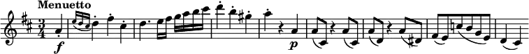 \version "2.18.2"
\relative c'' {
\key d \major
\time 3/4
\tempo "Menuetto "
\tempo 4 = 140
\partial 4 a4-. \f
\grace {e'16 (d cis} d4-.) fis)-. cis-.
d4. e16 fis g a b cis
d4-. b-. gis-.
a-. r a, \p
a8 (cis,) r4 a'8 (cis,)
a' (d,) r4 a'8 (dis,)
fis (e) c' (b g e)
d4 (cis)
}