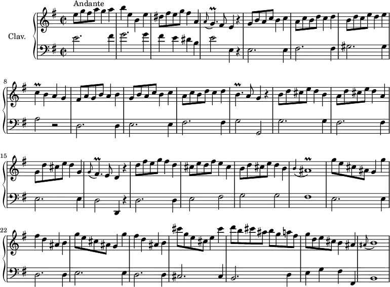 \version "2.18.2"
\header {
tagline = ##f
% composer = "Domenico Scarlatti"
% opus = "K. 291"
% meter = "Andante"
}
%% les petites notes
trillBp = { \tag #'print { b4.\prall } \tag #'midi { c32 b c b~ b4 } }
trillC = { \tag #'print { c4\prall } \tag #'midi { d32 c d c~ c8 } }
trillGp = { \tag #'print { g4.\prall } \tag #'midi { a32 g a g~ g4 } }
trillFisp = { \tag #'print { fis4.\prall } \tag #'midi { g32 fis g fis~ fis4 } }
appoAisr = { \tag #'print { \appoggiatura b4 ais1\prall } \tag #'midi { b2 b32 ais b ais~ ais8~ ais4 } }
appoBr = { \tag #'print { \appoggiatura ais8 b1 } \tag #'midi { ais4 b2. } }
upper = \relative c'' {
\clef treble
\key e \minor
\time 2/2
\tempo 2 = 82
\set Staff.midiInstrument = #"harpsichord"
\override TupletBracket.bracket-visibility = ##f
s8*0^\markup{Andante}
e8 g fis a g4 a | b e, b e | dis8 fis e g fis4 a, | \appoggiatura a8 \trillGp fis8 e4 r4 |
% ms. 5
g8 b a c b4 c | a8 c b d c4 d | b8 d c e d4 e | \trillC b4 a g | fis8 a g b a4 b |
% ms. 10
g8 b a c b4 c | a8 c b d c4 d | \trillBp a8 g4 r4 | b8 d cis e d4 b | a8 d cis e d4 a |
% ms. 15
g8 d' cis e d4 g, | \appoggiatura g8 \trillFisp e8 d4 r4 | d'8 fis e g fis4 d | cis8 e d fis e4 cis | b8 d cis e d4 b |
% ms. 20
\appoAisr | \repeat unfold 2 { g'8 e cis ais g4 g' | fis d ais b } |
% ms. 25
cis'8 g e cis e4 cis' | d8 b cis ais b g a fis | g d e cis b4 ais | \appoBr |
}
lower = \relative c' {
\clef bass
\key e \minor
\time 2/2
\set Staff.midiInstrument = #"harpsichord"
\override TupletBracket.bracket-visibility = ##f
% ************************************** \appoggiatura a16 \repeat unfold 2 { } \times 2/3 { } \omit TupletNumber
e2. fis4 | g2. g4 | fis e dis b | e2 e,4 r4 |
% ms. 5
e2. e4 | fis2. fis4 | gis2. gis4 | a2 r2 | d,2. d4 |
% ms. 10
e2. e4 | fis2. fis4 | g2 g, | g'2. g4 | fis2. fis4 |
% ms. 15
e2. e4 | d2 d,4 r4 | d'2. d4 | e2 fis | g g |
% ms. 20
fis1 | e2. e4 | d2. d4 | e2. e4 | d2. d4 |
% ms. 25
cis2. cis4 | b2. d4 | e g fis fis, | b1 |
}
thePianoStaff = \new PianoStaff <<
\set PianoStaff.instrumentName = #"Clav."
\new Staff = "upper" \upper
\new Staff = "lower" \lower
>>
\score {
\keepWithTag #'print \thePianoStaff
\layout {
#(layout-set-staff-size 17)
\context {
\Score
\override SpacingSpanner.common-shortest-duration = #(ly:make-moment 1/2)
\remove "Metronome_mark_engraver"
}
}
}
\score {
\keepWithTag #'midi \thePianoStaff
\midi { }
}