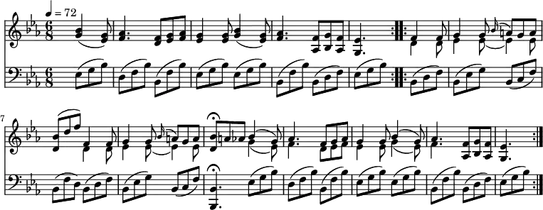 <<
\new Staff \relative c'' {
\version "2.12.2"
\clef "treble"
\key ees \major
\time 6/8
\tempo 4 = 72
\repeat volta 2 {
s4. <g bes>4 (<ees g>8)
<f aes>4. <d f>8 <ees g> <f aes>
<ees g>4 <ees g>8 <g bes>4 (<ees g>8)
<f aes>4. <aes, f'>8 <bes g'> <aes f'>
<g ees'>4.
}
\repeat volta 2 {
<<{\stemDown d'4 d8 ees4 ees8 _(ees4) ees8 } \\ {\stemUp f4 f8 g4 g8 \grace bes16 ^(a8) g a}>>
<d, bes'>8 ^(d' f)
<<{\stemDown d,4 d8 ees4 ees8 _(ees4) ees8 } \\ {\stemUp f4 f8 g4 g8 \grace bes16 ^(a8) g a }>>
<d, bes'>8 \fermata a'aes
<<{\stemDown g4 _(ees8) f4. d8 ees f ees4 ees8 g4 _(ees8) f4. } \\ {\stemUp bes4 ^(g8) aes4. f8 g aes g4 g8 bes4 ^(g8) aes4. }>>
<aes, f'>8 < bes g'> < aes f'> < g ees'>4.
}
}
\new Staff\relative c {
\clef "bass"
\key ees \major
\time 6/8
\repeat volta 2 {
s4. ees8 (g bes)
d, (f bes) bes, (f' bes)
ees, (g bes) ees, (g bes)
bes, (f' bes) bes, (d f)
ees (g bes)
}
\repeat volta 2 {
bes, (d f) bes, (ees g) bes, (c f)
bes, (f' d) bes (d f)
bes, (ees g) bes, (c f)
<bes,, bes'>4. \fermata ees'8 (g bes)
d, (f bes) bes, (f' bes)
ees, (g bes) ees, (g bes)
bes, (f' bes) bes, (d f)
ees
(g bes)
}
}
>>
