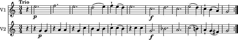 <<
\new Staff \with { instrumentName = #"V1 "} \relative c'' {
\version "2.18.2"
\key c \major
\tempo "Trio"
\time 3/4
\partial 4 r4
e2.\p f e d2 (e4) f-! e (d) e2. c \f d c e2 (d4) c-! b (a) g2 \bar ":|."
}
\new Staff \with { instrumentName = #"V2 "} \relative c'' {
\key c \major
\time 3/4
\partial 4 r4 r4 g \p g r4 a a r4 g c b a b c-! c (b) r4 c c
g2. \f bes a c2 (b!4) a4-! g (fis) g2 \bar ":|."
}
>>
