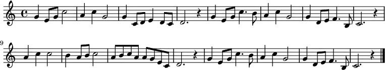  \relative c' {   \set Score.tempoHideNote = ##t   \key c \major   \time 4/4   \tempo 4 = 96   g'4 e8 g8 c2 | a4 c4 g2 | g4 c,8 d8 e4 d8 c8 | d2. r4 |   g4 e8 g8 c4. b8 | a4 c4 g2 | g4 d8 e8 f4. b,8 | c2. r4 |   a'4 c4 c2 | b4 a8 b8 c2 | a8 b8 c8 a8 a8 g8 e8 c8 | d2. r4 |   g4 e8 g8 c4. b8 | a4 c4 g2 | g4 d8 e8 f4. b,8 | c2. r4 \bar "|." } 