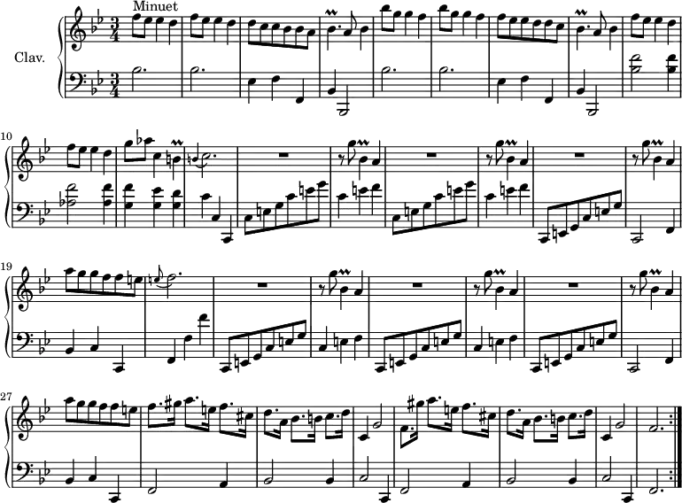 
\version "2.18.2"
\header {
  tagline = ##f
  % composer = "Domenico Scarlatti"
  % opus = "K. 393"
  % meter = "Allegro"
}

%% les petites notes
trillBesp       = { \tag #'print { bes4.\prall } \tag #'midi { c32 bes c bes~ bes4 } }
trillBp         = { \tag #'print { b4\prall } \tag #'midi { c32 b c b~ b8 } }
trillBesDown    = { \tag #'print { bes,4\prall } \tag #'midi { c32 bes c bes~ bes8 } }
appoBCb         = { \tag #'print { \appoggiatura b4 c2. } \tag #'midi { b2 c4 } }
appoEFb         = { \tag #'print { \appoggiatura e8 f2. } \tag #'midi { e2 f4 } }

upper = \relative c'' {
  \clef treble 
  \key bes \major
  \time 3/4
  \tempo 4 = 120
  \set Staff.midiInstrument = #"harpsichord"
  \override TupletBracket.bracket-visibility = ##f

  \repeat volta 2 {
      s8*0^\markup{Minuet}
      \repeat unfold 2 { f8 ees ees4 d } | d8 c c bes bes a | \trillBesp a8 bes4 | \repeat unfold 2 { bes'8 g g4 f } |
      % ms. 7
      f8 ees ees d d c | \trillBesp a8 bes4 | \repeat unfold 2 { f'8 ees ees4 d } | g8 aes c,4 \trillBp |
      % ms. 12
      \appoBCb | \repeat unfold 3 { R2. | r8 g'8 \trillBesDown a4 } |
      % ms. 19
      a'8 g g f f e | \appoEFb | \repeat unfold 3 { R2. | r8 g8 \trillBesDown a4 } |
      % ms. 27
      a'8 g g f f e | f8. gis16 a8. e16 f8. cis16 |
      % ms. 29
      d8. a16 bes8. b16 c8. d16 | c,4 g'2  | f8. gis'16 a8. e16 f8. cis16 | d8. a16 bes8. b16 c8. d16 | c,4 g'2 | f2. }%repet
      % ms. 35
      

}

lower = \relative c' {
  \clef bass
  \key bes \major
  \time 3/4
  \set Staff.midiInstrument = #"harpsichord"
  \override TupletBracket.bracket-visibility = ##f

  \repeat volta 2 {
    % ************************************** \appoggiatura a16  \repeat unfold 2 {  } \times 2/3 { }   \omit TupletNumber 
      \repeat unfold 2 { bes2. | bes | ees,4 f f, | bes bes,2 } | 
      % ms. 9
      < bes'' f' >2 q4 | < aes f' >2 q4 | < g f' > < g ees' > < g d' > |
      % ms. 12
      c4 c, c, | \repeat unfold 2 { c'8 e g c e g | c,4 e f } | c,,8 e g c e g |
      % ms. 18
      c,,2 f4 | bes c c, | f f' f' | \repeat unfold 2 { c,,8 e g c e g | c,4 e f } |
      % ms. 25
      c,8 e g c e g | c,,2 f4 | bes c c, | f2 a4 |
      % ms. 29
      bes2 bes4 | c2 c,4 | f2 a4 | bes2 bes4 | c2 c,4 | f2. }%répet
      % ms. 35
      

}

thePianoStaff = \new PianoStaff <<
    \set PianoStaff.instrumentName = #"Clav."
    \new Staff = "upper" \upper
    \new Staff = "lower" \lower
  >>

\score {
  \keepWithTag #'print \thePianoStaff
  \layout {
      #(layout-set-staff-size 17)
    \context {
      \Score
     \override SpacingSpanner.common-shortest-duration = #(ly:make-moment 1/2)
      \remove "Metronome_mark_engraver"
    }
  }
}

\score {
  \keepWithTag #'midi \thePianoStaff
  \midi { }
}
