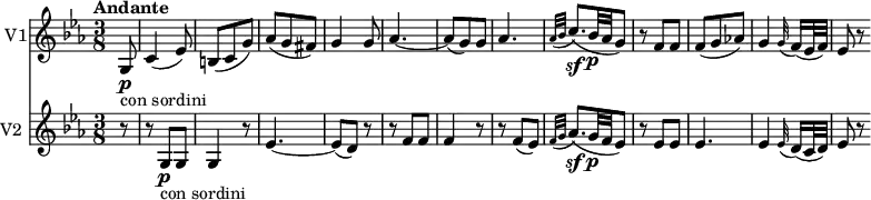 <<
\new Staff \with { instrumentName = #"V1"} \relative c' {
\clef "treble"
\tempo "Andante"
\key ees \major
\time 3/8
\tempo 4 = 50
\partial 8 g8 \p _ \markup{con sordini} c4 (ees8)
b (c g')
aes (g fis)
g4 g8
aes4. ~ aes8 (g) g
aes4.
\grace {aes32 (bes} c8.)\sf (bes32\p aes g8)
r8 f f
f (g aes!)
g4 \grace g32 (f16) (ees32 f)
ees8 r
}
\new Staff \with { instrumentName = #"V2 "} \relative c' {
\clef "treble"
\key ees \major
\time 3/8
\partial 8 r8 r g\p _ \markup{con sordini} g g4 r8
ees'4. ~ ees8 (d) r r f f f4 r8 r f (ees)
\grace {f32 (g} aes8.)\sf (g32\p f ees8)
r8 ees ees
ees4.
ees4 \grace ees32 (d16) (c32 d)
ees8 r
}
>>
