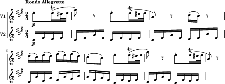 << \new Staff \with { instrumentName = #"V1 "}
\relative c'' {
\version "2.18.2"
\key a \major
\tempo "Rondo Allegretto "
\time 2/4
\tempo 4 = 90
\partial 4 e8-.\p e16\trill (dis32 e a8) r
e-. e16\trill (dis32 e a,8) r cis16 (b) r8
d16 (cis) e (d) fis (e) fis (d)
cis8 (b) e8-. e16\trill (dis32 e a8) r
e-. e16\trill (dis32 e a,8) r
}
\new Staff \with { instrumentName = #"V2 "} \relative c' {
\key a \major
\partial 4
\set Staff.midiMinimumVolume = #0.2 \set Staff.midiMaximumVolume = #0.5
cis16 \p e d e
cis e a e cis e d e
cis e a e d e b' e,
cis a' d, gis e a fis b
a e gis e b e d e
cis e a e b e d e
}
>>
