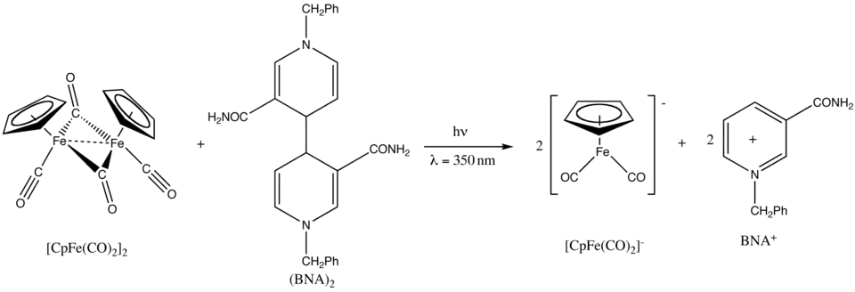 Réduction du dimère de (cyclopentadiényl)fer dicarbonyle par le dimère de 1-benzyl-1,4-dihydronicotinamide.