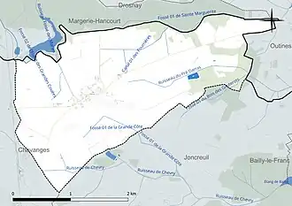 Carte en couleur présentant le réseau hydrographique de la commune