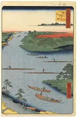 Nakagawaguchi dans les Cent vues d'Edo : barques et radeaux à la confluence du Kyūnaka et du Onagi.