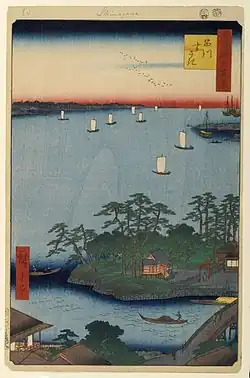 Estampe 83 des Cent vues d'Edo : la rivière Meguro en bas se jette dans la baie de Tokyo.