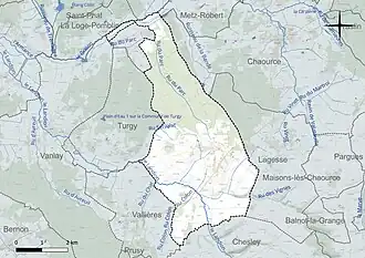 Carte en couleur présentant le réseau hydrographique de la commune