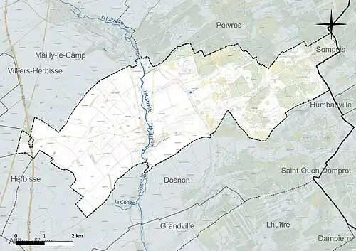 Carte en couleur présentant le réseau hydrographique de la commune