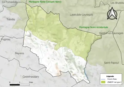 Carte de la ZNIEFF de type 2 sur la commune.