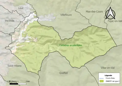Carte de la ZNIEFF de type 2 sur la commune.