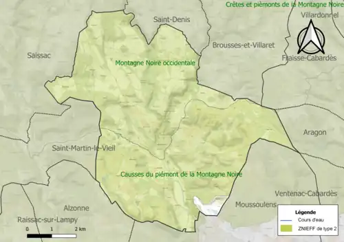 Carte des ZNIEFF de type 2 sur la commune.