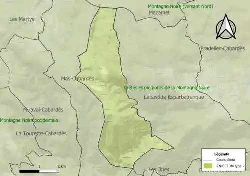 Carte de la ZNIEFF de type 2 sur la commune.