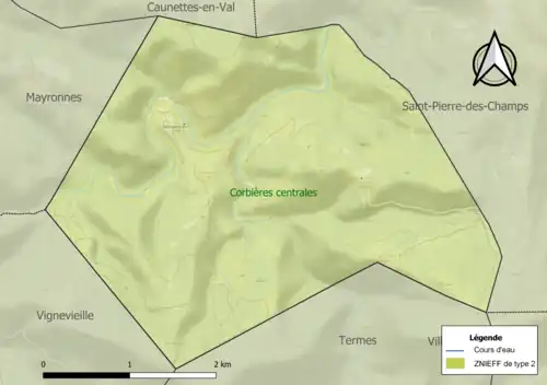 Carte de la ZNIEFF de type 2 sur la commune.